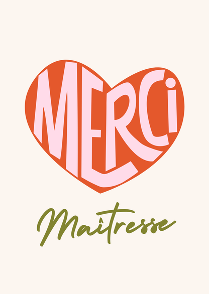 Lot de 6 Cartes de Remerciement à Imprimer - Maîtresse, Maître, ATSEM, Nounou (PDF) - Coeur